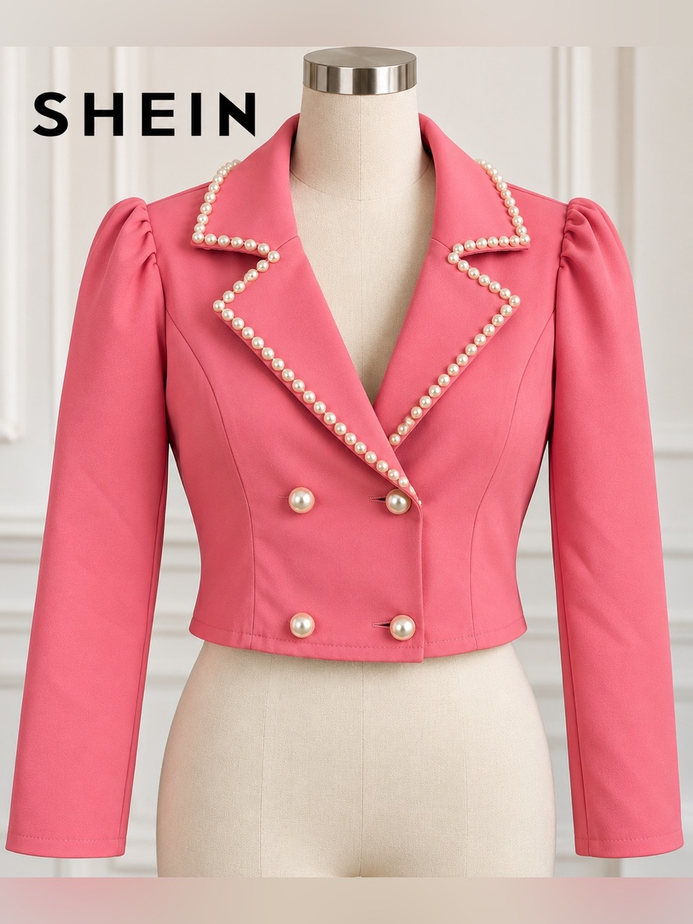 SHEIN Women's Pearl Trim Cropped Double-Breasted Blazer Pink Size L